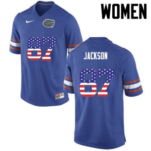 Womens Kalif Jackson Blue Florida Gators #87 USA Flag Fashion Player Jerseys
