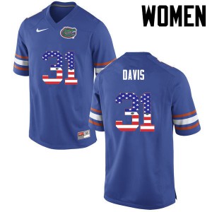Women's Shawn Davis Blue Florida Gators #31 USA Flag Fashion Stitched Jersey