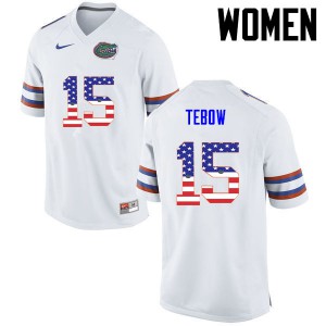 Women's Tim Tebow White Florida Gators #15 USA Flag Fashion University Jersey